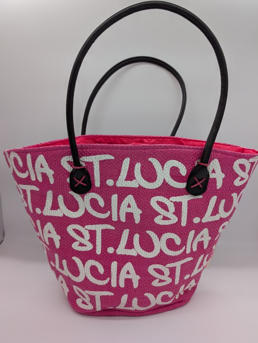 Robin Ruth "Be-Noticed Basket" St. Lucia Travel Tote Pink Wicker Straw - Picture 4 of 10